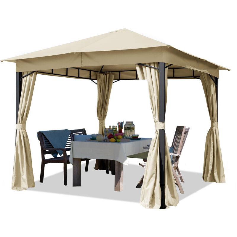 

Cenador de jardín 3x3 m Aprox. 180g/m² Lona de Techo pabellón Impermeable 4 Lados Carpa de Fiesta Champaña - crema