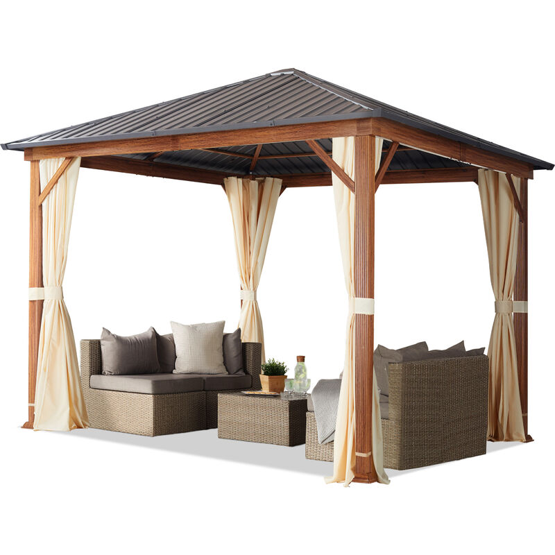 

Cenador de jardín 3x3 m, aspecto madera, techo sólido, 4 cortinas en champán - crema