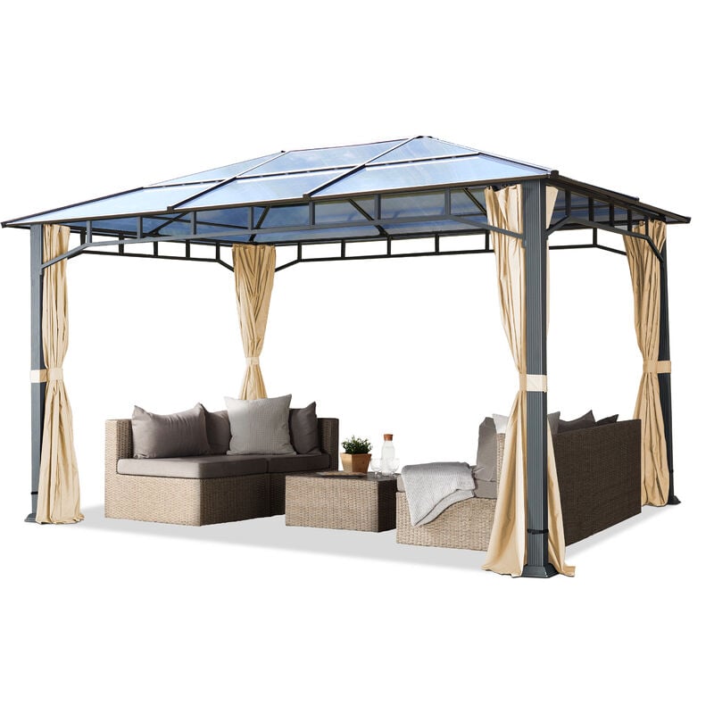 

Cenador de jardín 3x4 m Aluminio Techo de policarbonato Aprox. 8mm cenador de jardín 4 Cortinas Laterales Color champaña - crema