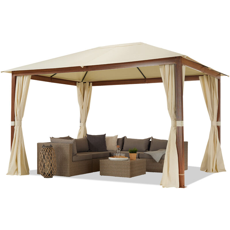 

Cenador de jardín 3x4 m, Aspecto Madera, Techo de poliéster de Aprox. 220 g/m² 4 Cortinas en champán - crema