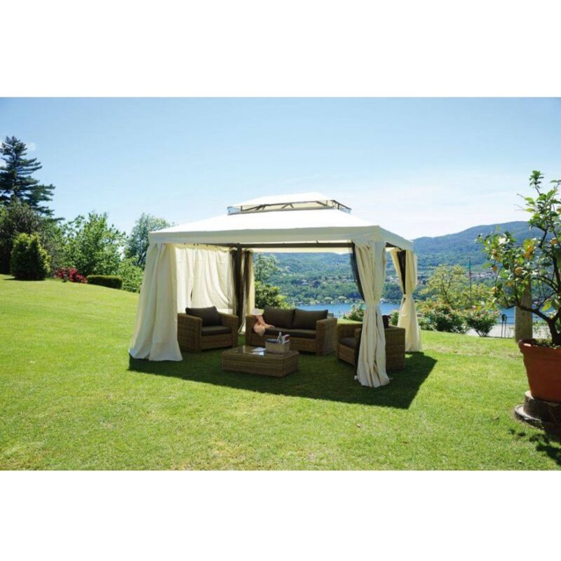 

Caesaroo - Cenador rectangular 4x3 m de aluminio con chimenea cortaviento | con cortinas mosquito