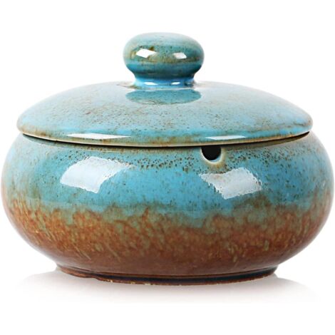 Cendrier en Céramique Bleu Fournaise avec Couvercle, Décoration Intérieure et Extérieure Coupe-vent
