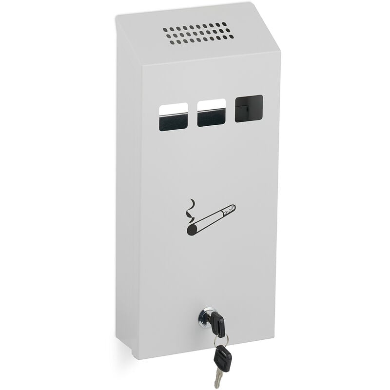 Relaxdays - Cendrier mural, verrouillable, métallique (fer), h x l x p : 32,5 x 15 x 6 cm, pour l'extérieur, blanc