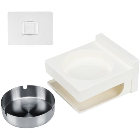 Cenicero de baño multifuncional de pared con soporte y estante, diseño moderno fabricado en metal y plástico de color plata.