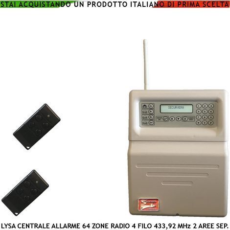 Centrale Allarme Radio Filo Lysa GSM 100 Zone Radio 433,92 MHz 16 Zone Filo 3 Aree 2 Radiocomandi Bidirezionali 4 Canali Memoria Eventi Sidra App Android Codici Utente e Tecnico Ascolto Ambientale
