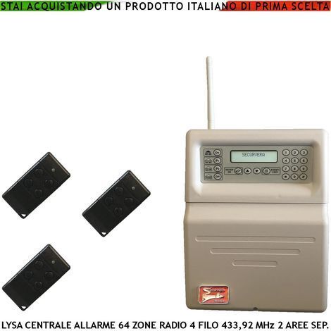 Centrale Allarme Radio Filo Lysa GSM Sydra 100 Zone Radio 433,92 MHz 16 Zone Filo 3 Aree 2 Radiocomandi Bidirezionali 4 Canali Memoria Eventi App Android Codici Utente e Tecnico GSM Ascolto Ambientale