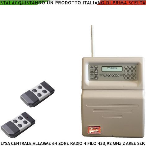 Centrale Allarme Radio Filo Lysa GSM Sydra 2 Radiocomandi 100 Zone Radio 433,92 MHz Supervisionate 16 Zone Filo 3 Aree Memoria Eventi App Android Codici Comando Utente e Tecnico GSM Ascolto Ambientale