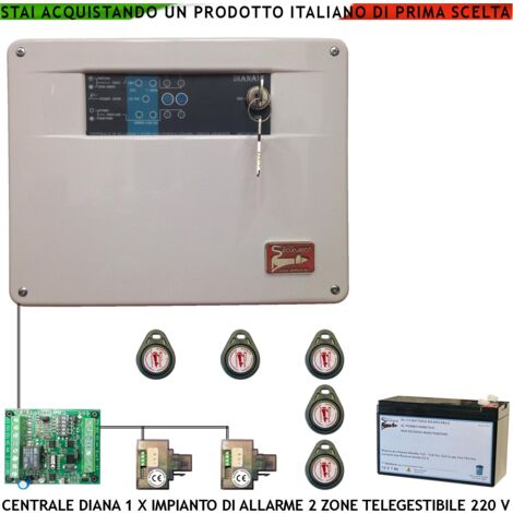 Centrale Antifurto Diana 2 Zone 5 Chiavi TAG 2 Lettori e 2 Meccaniche Batteria 12 V 7 Ah Per Impianto Via Filo. Gestisce Sensori Allarme Ingresso Per Telegestione Comando Sirene Combinatore e Fumogeni