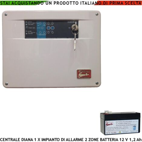 Centrale Antifurto Diana 2 Zone Batteria 12 V 1,2 Ah 2 Chiavi Meccaniche per Impianto di Allarme Filare. Gestisce Sensori Ingresso Per Comando Remoto Telegestione Uscita Sirene Combinatore Videocamera
