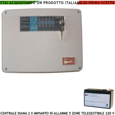 Centrale Antifurto Diana 5 Zone Batteria 12 V 7 Ah 2 Chiavi Meccaniche per Impianto di Allarme Filare. Gestisce Sensori Ingresso Per Comando Remoto Telegestione Uscita Sirene Combinatore Videocamera