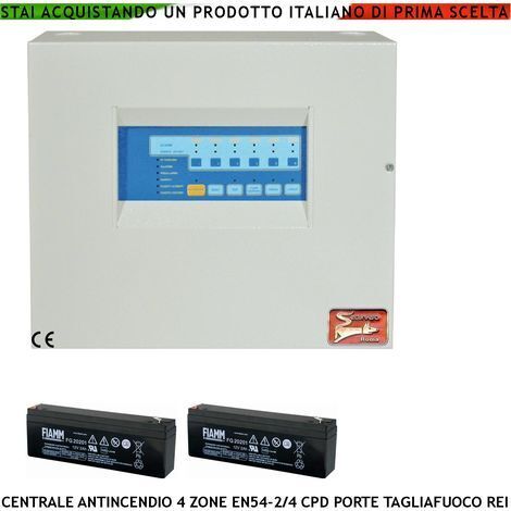 CENTRALE ANTINCENDIO 4 ZONE GESTISCE 128 SENSORI COMANDA BLOCCA PORTE R.E.I ALLARME TELEFONICO SIRENE SPEGNIMENTO 2 BATTERIE 12 V 2 AH
