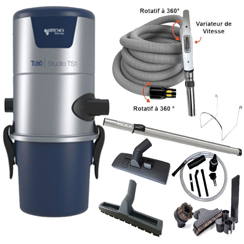 Aspiration centralisée aertecnica TS1 (jusqu'à 250 m²), Sans Sac - garantie 3 ans - Avec 1 trousse flexible à variateur 9 m + 8 accessoires + kit de