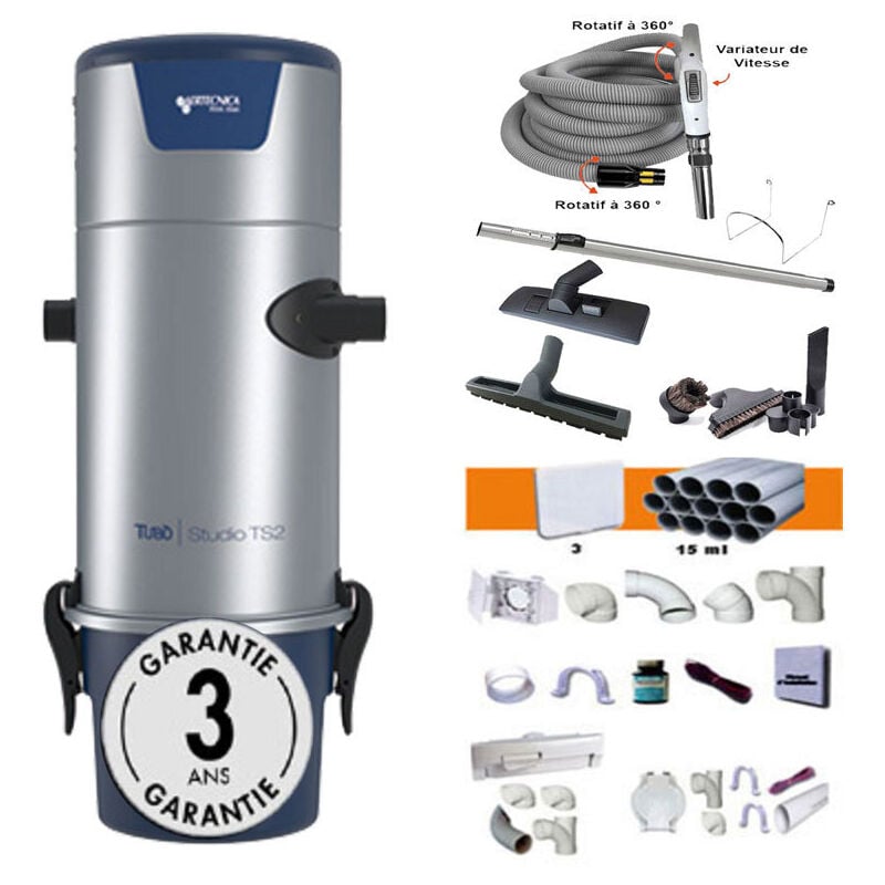 Aspiration centralisée AERTECNICA TS2 (jusqu’à 400 m²), Sans Sac - GARANTIE 3 ANS - Avec 1 trousse flexible à variateur 9m + 8 accessoires + kit 3