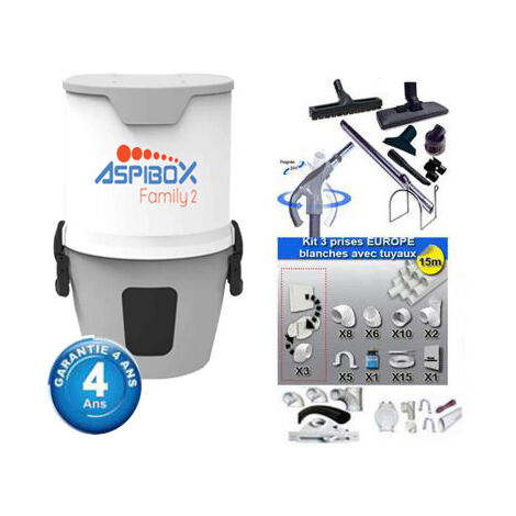 Centrale d'aspiration hybride Aspibox Family2 garantie 4 ans (jusqu’à 150 m²) + Set inter 9 M + 8 accessoires + kit 3 prises + kit prise balai + kit prise garage