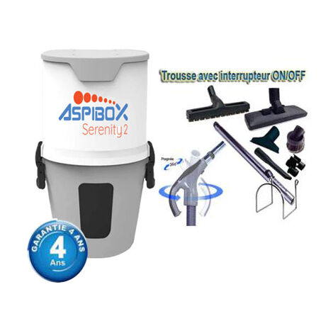 Centrale d'aspiration hybride Aspibox Serenity2 garantie 4 ans (jusqu’à 300 m²) + Set inter 9 M + 8 accessoires + 1 Kit de nettoyage micro offert