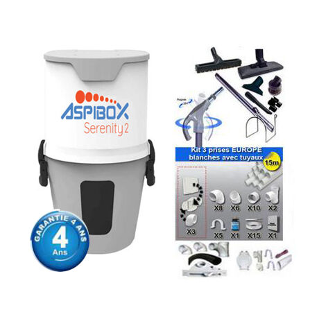 Centrale d'aspiration hybride Aspibox Serenity2 garantie 4 ans (jusqu’à 300 m²) + Set inter 9 M + 8 accessoires + kit 3 prises + kit prise balai + kit prise garage