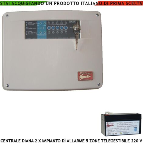 Centrale di Allarme Diana 5 Zone Chiave Meccanica Batteria 12 V 1,2 Ah Per Impianto Antifurto Filare. Gestisce Sensori Ingresso Per Chiave Remota o Telegestione Comando Sirene Combinatore SOS Fumogeni
