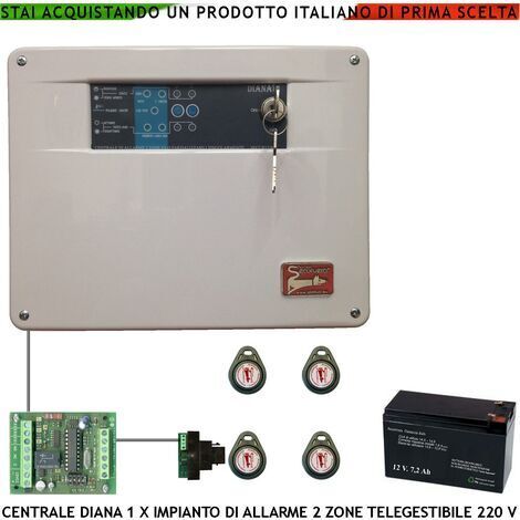 Centrale Diana Antifurto 2 Zone Batteria 12 V 7 Ah per Impianto di Allarme Filo. 4 Chiavi TAG. 2 Meccaniche Gestisce Sensori Ingresso Comando Remoto o Telegestione Uscita Sirene Combinatore Dissuasori