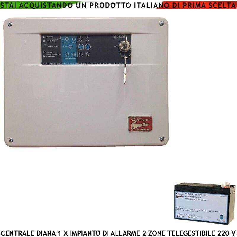 Image of Centrale Diana Antifurto 2 Zone Batteria 12 v 7,2 Ah per Impianto di Allarme Filare Chiave Meccanica Gestisce Sensori di Movimento e di Scasso