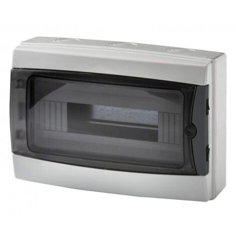 centralino da parete 12 moduli con portello fumé, grigio RAL 7035, 280x220x100 mm, IP65, ideale per installazioni elettriche interne ed esterne