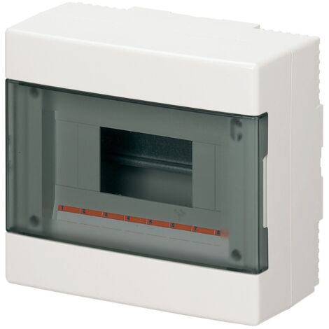 Centralino da parete, 8 moduli, con morsettiera 6x10mm, bianco, IP40, sportello reversibile fumè - Elettrocanali EC60008BE
