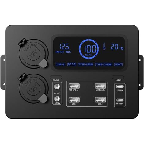 Centro de control portátil con adaptador, mini luces LED, caja de alimentación con luces LED de 100 W para autocaravanas y barcos, fuente de alimentación de pantalla de 12 VA