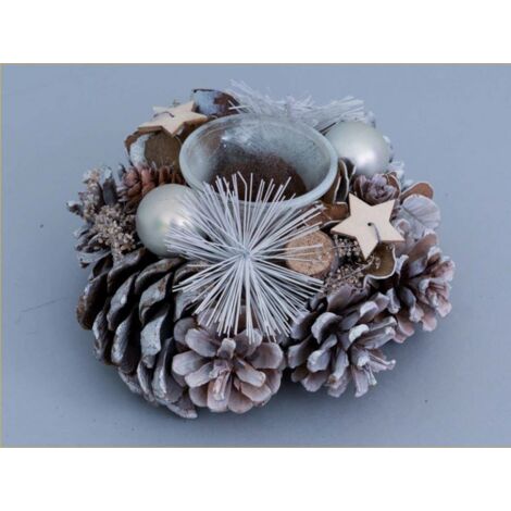 Centro de mesa portavelas de cristal navideño piñas y frutos blancos cm 17