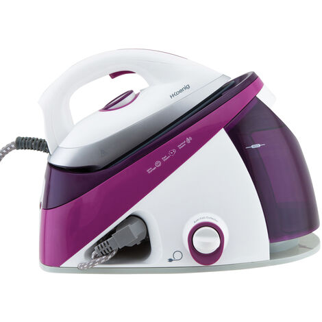 Centro de Planchado 2400 W, 150 g/m, 5.4 Bares, Suela de Cerámica “EasyGlide”, Depósito de Agua extraíble de 1.1 L, Autonomía Ilimitada, Control Manual de la Temperatura, Morado. HKoenigV26