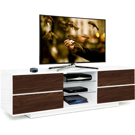 Centurion Supports Avitus Gloss White 4-Walnut Drawers 3-Shelf TV Stand - Fully Assembled