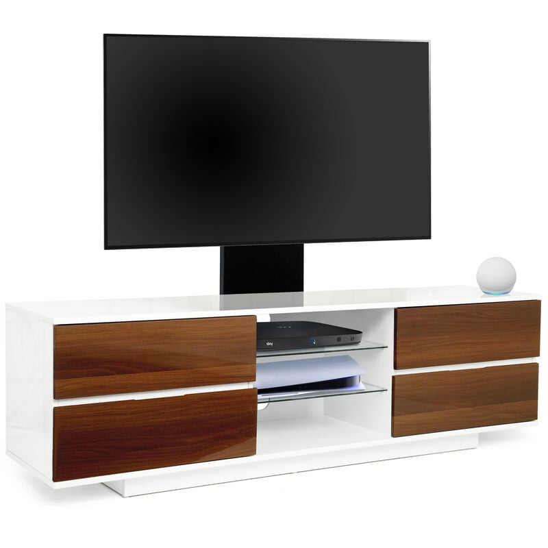 Avitus Gloss White with 4-Walnut Drawers and 3-Shelves up to 65 led, lcd, Plasma tv Stand with Mounting Arm - Centurion Supports