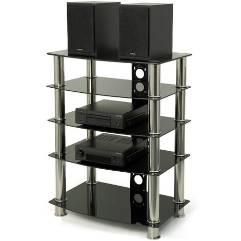 Centurion Supports Galago 5-Shelf Premium Gloss Black Glass with Silver Legs AV Rack