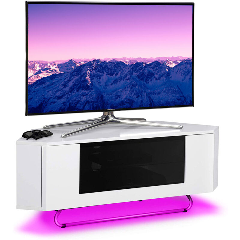 Centurion Supports - Hampshire Corner-Friendly Gloss White with Black Beam-Thru Remote Friendly Door 26'-50' Flat Screen tv Cabinet with 16 Colour
