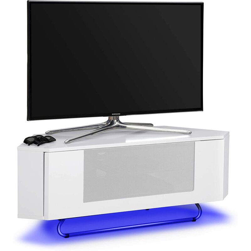 Hampshire Corner-Friendly White with White Beam-Thru Door 26-50 Flat Screen tv Cabinet with led Lights - Centurion Supports
