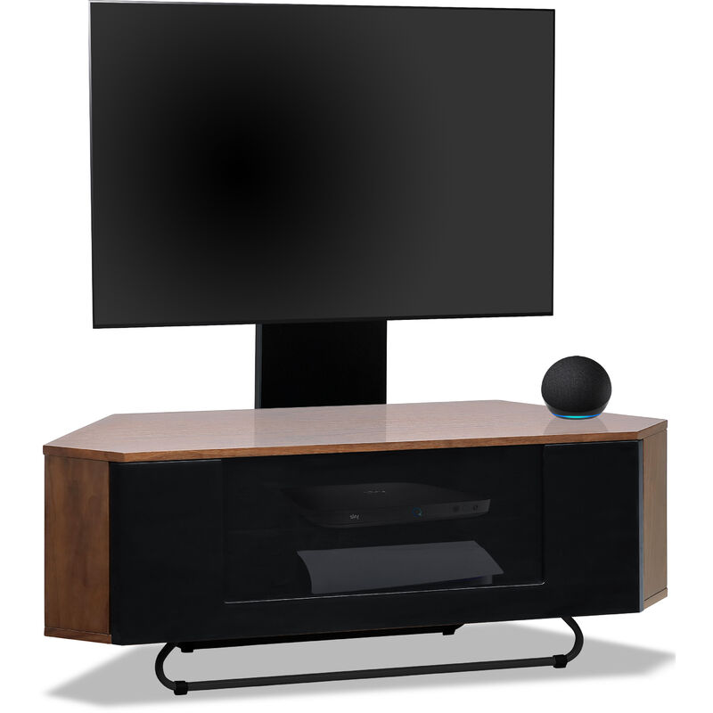 Hampshire Corner-Friendly Walnut with Black Beam-Thru Remote Friendly Door 26-50 Flat Screen tv Cabinet with Mounting Arm - Centurion Supports