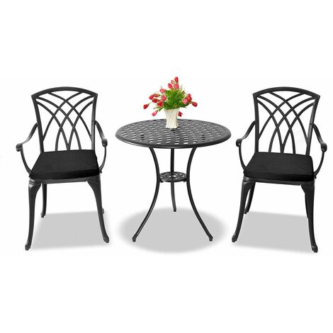 Centurion Supports OSHOWA Garden & Patio Table & 2 Large Chairs with Armrests Cast Aluminium Bistro Set - Black Cushions