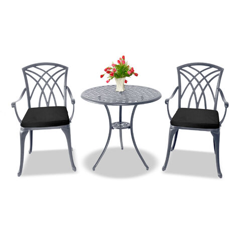 Centurion Supports OSHOWA Luxurious Garden & Patio Table & 2 Chairs Cast Aluminium Bistro Set - Grey with Black Cushions