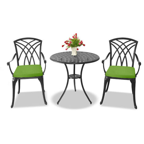 Centurion Supports OSHOWA Luxurious Garden & Patio Table & 2 Large Chairs with Armrests Cast Aluminium Bistro Set - Black with Green Cushions