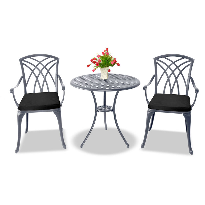 Centurion Supports Oshowa Luxurious Garden & Patio Table & 2 Chairs Cast Aluminium Bistro Set - Grey With Black Cushions