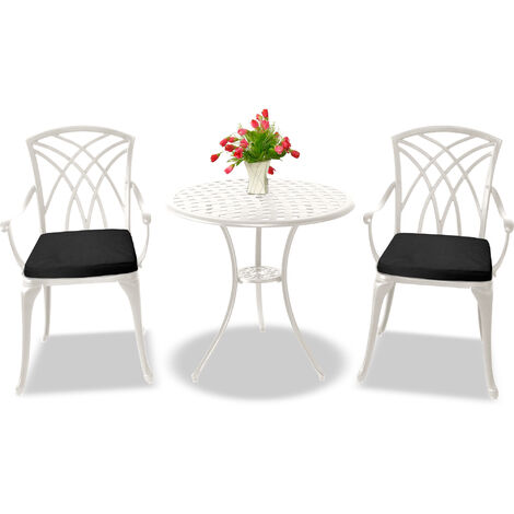 Centurion Supports OSHOWA Luxurious Garden & Patio Table & 2 Large Chairs with Armrests Cast Aluminium Bistro Set - White with Black Cushions