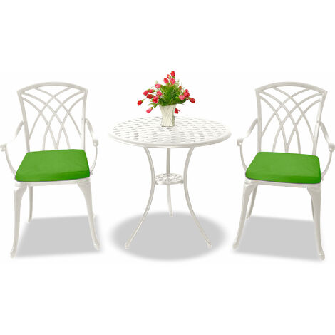 Centurion Supports OSHOWA Luxurious Garden & Patio Table & 2 Large Chairs with Armrests Cast Aluminium Bistro Set - White with Green Cushions