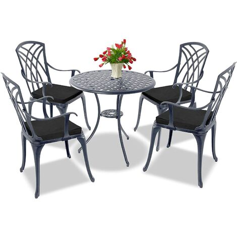 Centurion Supports OSHOWA Luxurious Garden & Patio Table & 4 Large Chairs with Armrests Cast Aluminium Bistro Set - Grey with Black Cushions