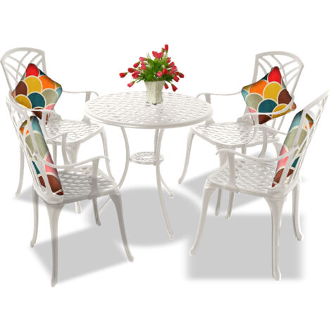 Centurion Supports OSHOWA Luxurious Garden & Patio Table & 4 Large Chairs with Armrests Cast Aluminium Bistro Set - White