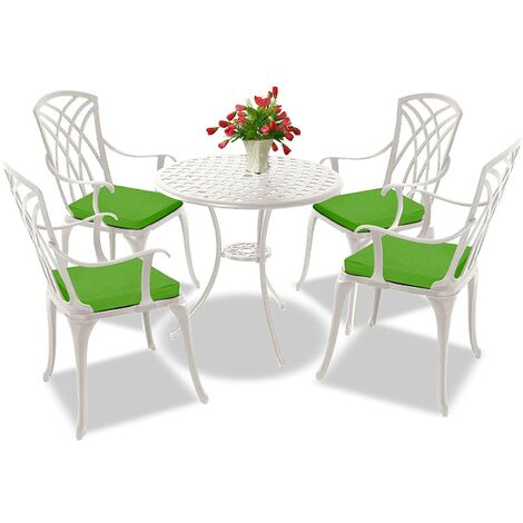 Centurion Supports OSHOWA Luxurious Garden & Patio Table & 4 Large Chairs with Armrests Cast Aluminium Bistro Set - White with Green Cushions