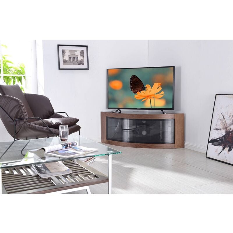 Centurion Supports PANGEA Black Walnut Beam-Thru Curved Tru-Corner 32"-50" TV Cabinet