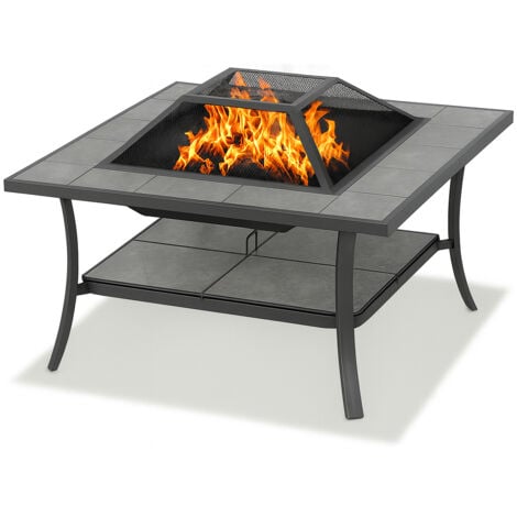 Centurion Supports SHANGO Premium Multi-Functional Black with Ceramic Tiles Outdoor Garden & Patio Square Heater Fire Pit Brazier and Outdoor Table