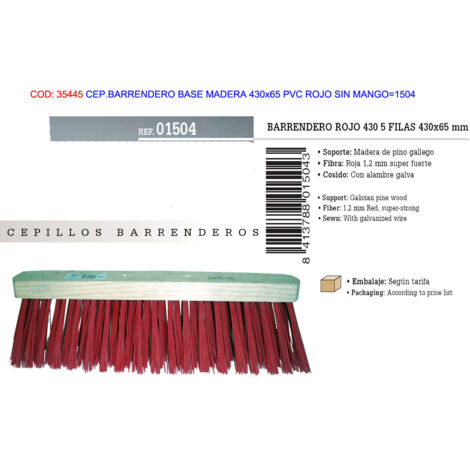 cepillo barrendero madera 430x65 pvc rojo sin mango garra 1504