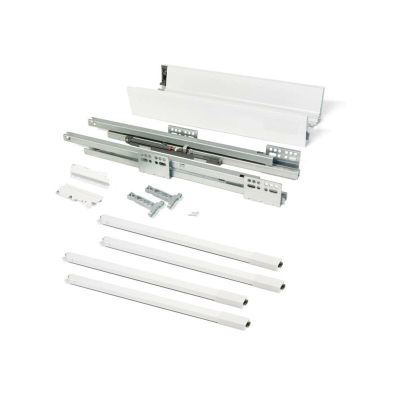 

Kit cajón de cocina Vantage-Q, altura 204 mm, prof. 500 mm, con barandillas, cierre suave, Acero, Blanco - - Emuca