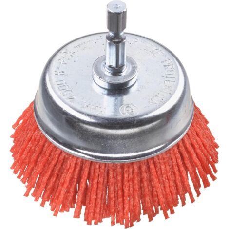 Cepillo de copa, grueso, de nailon abrasivo, Ø 75 mm para madera, metal y metales no ferrosos, cepillo de nailon para taladro, incluye vástago hexagonal E6, para lijar, estructurar