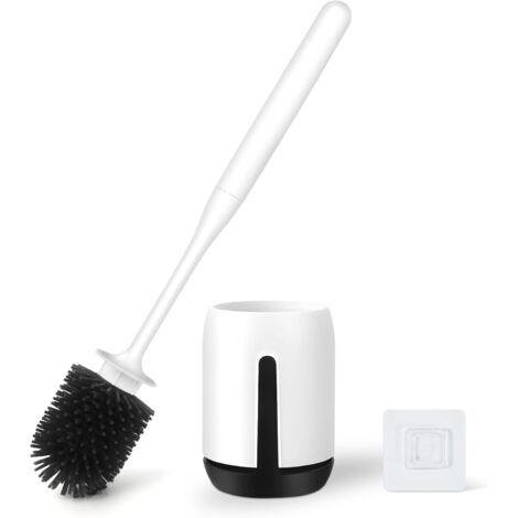 Cepillo de inodoro de silicona con cabezal redondo, para montaje en pared o de pie, antibacteriano, de secado rápido, mango largo negro.