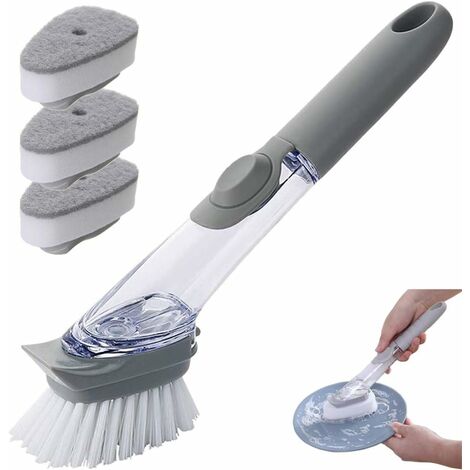 Cepillo de limpieza 3 en 1 con dispensador de detergente Cepillo de limpieza, con 3 esponjas de limpieza y un recipiente de repuesto y un cepillo para platos (gris)